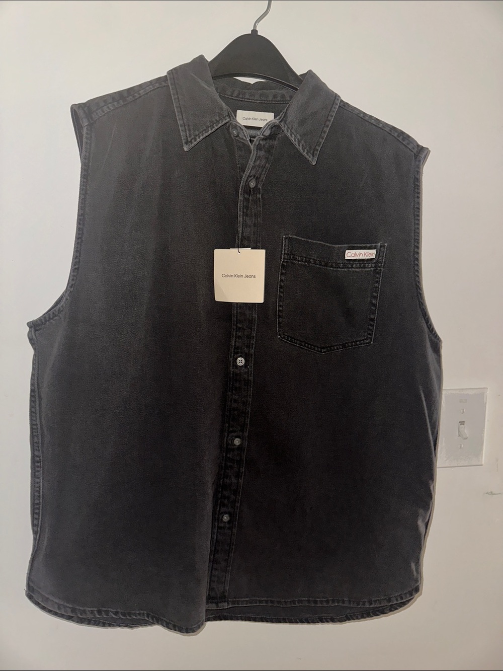 Calvin Klein Black Sleeveless Denim Button-Front Shirt Medium